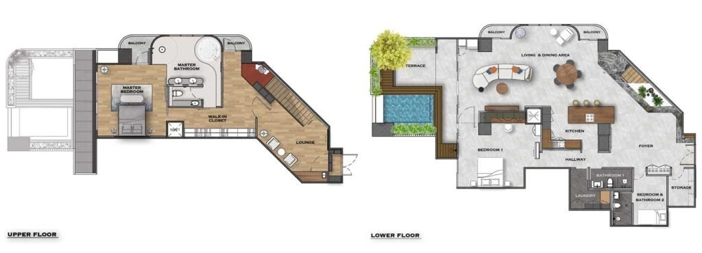 Crystal Gardens duplex floorplan showing both levels