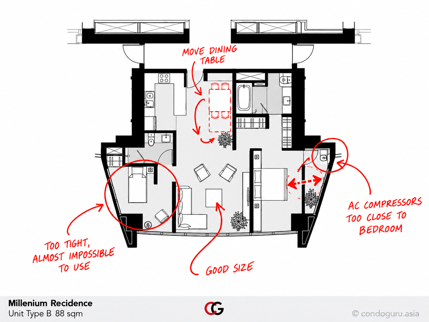 Millennium Residence — Type B floorplan, 88 sqm, 2 bedrooms