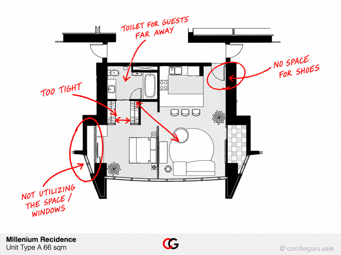 Millennium Residence — Type A floorplan, 66 sqm, 1 bedrooms